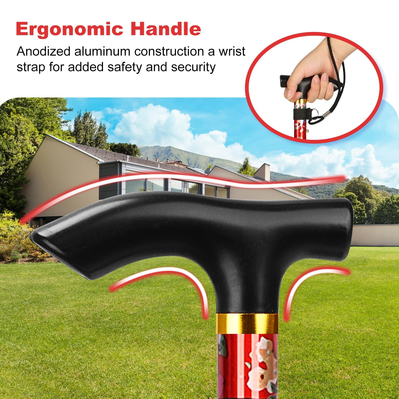 Folding Cane, Portable 5-Level Adjustable Height Walking Stick with Foldable ...