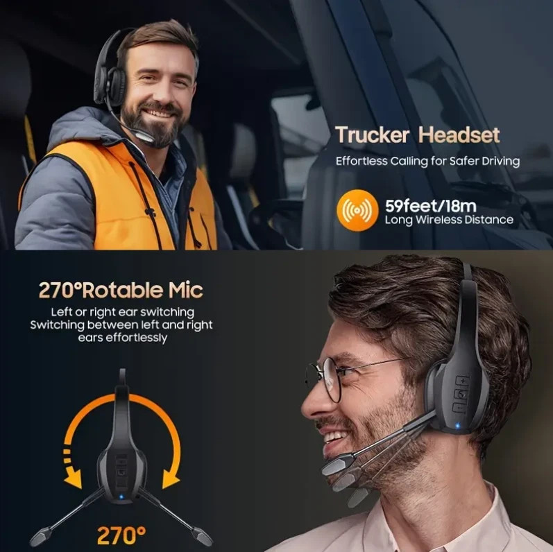 Trucker Wireless Headset Bluetooth 5.1 Noise Cancelling Mic For Phones & PC