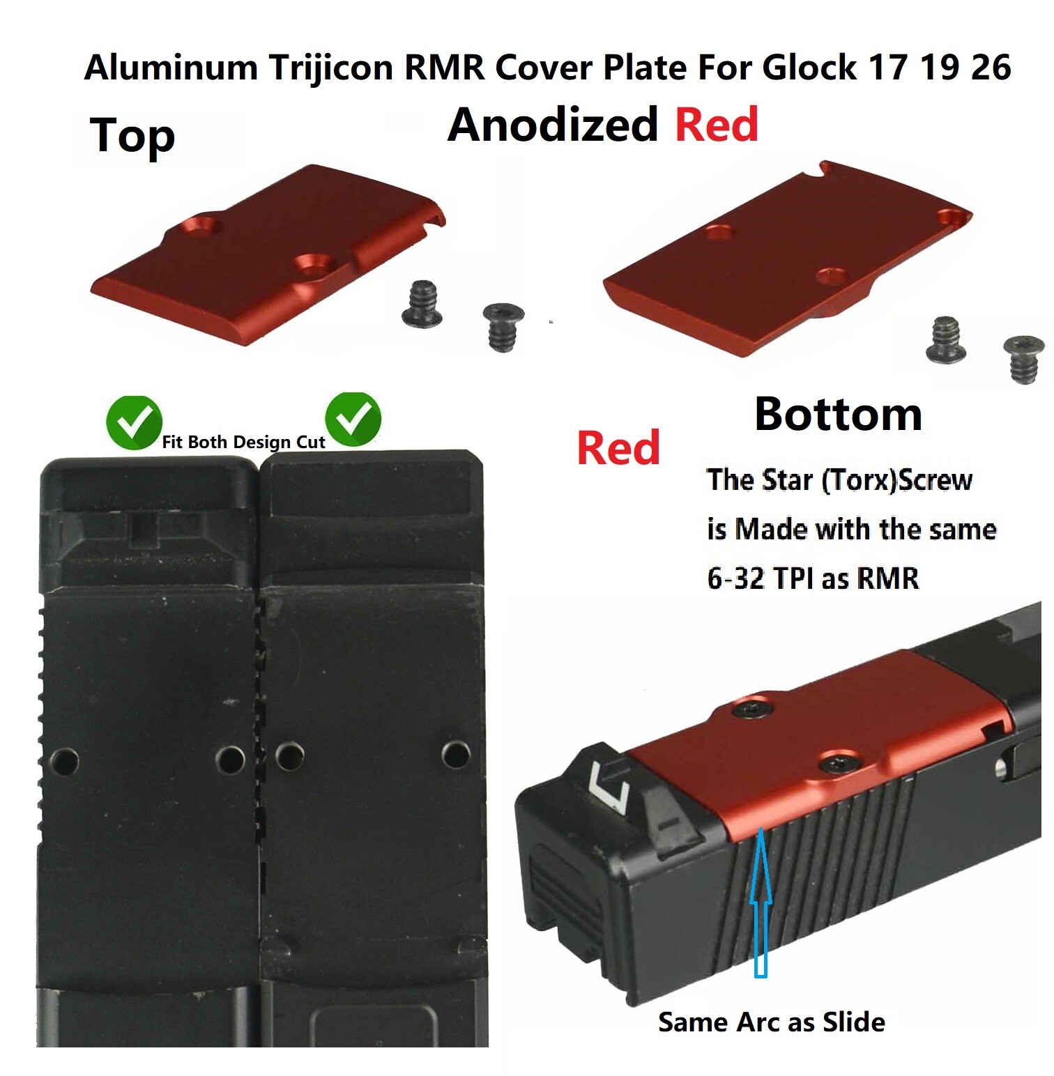 Al Anodized Red RMR Cover Plate,F Glock 17 19 26 Cut Slides W Round Arc Sides