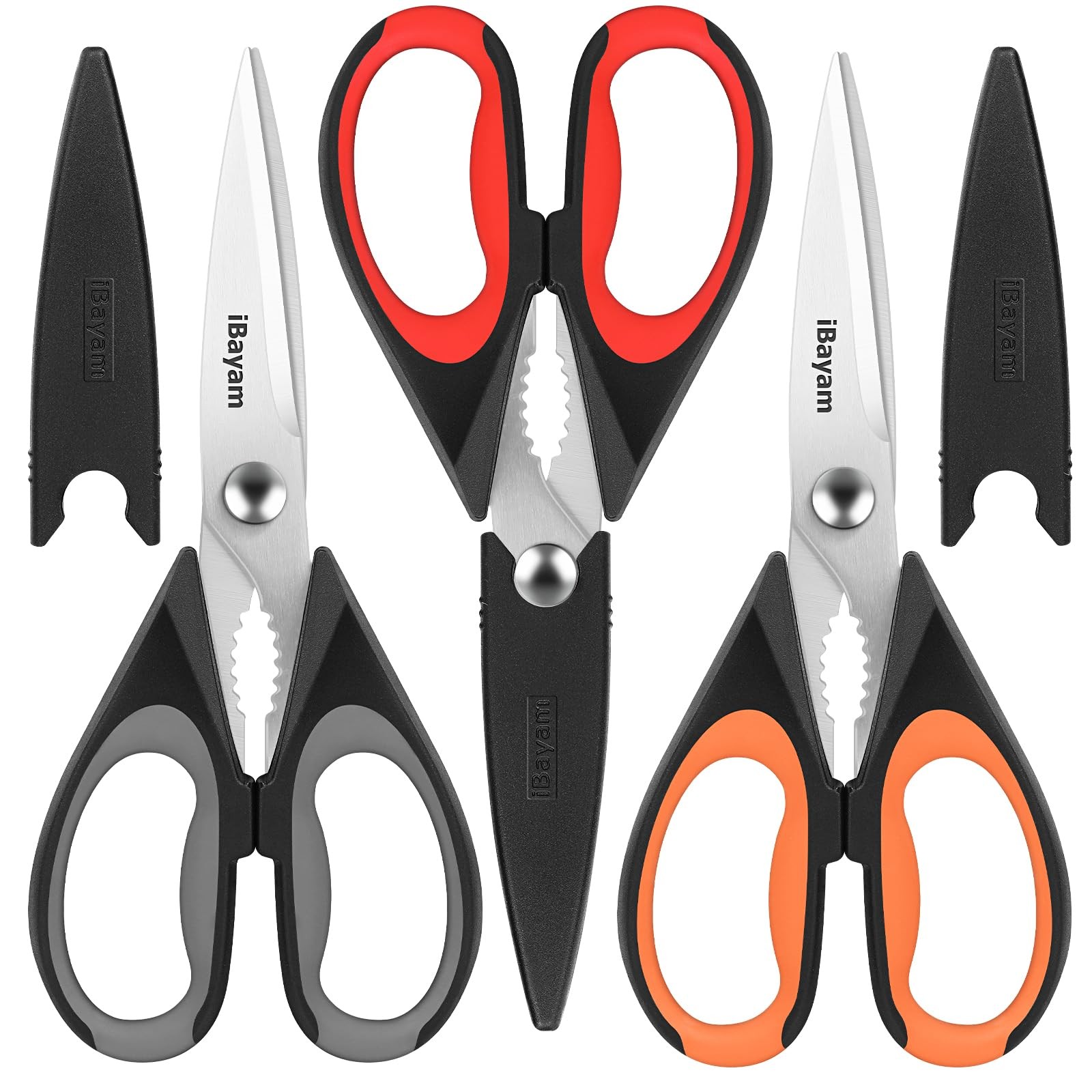 iBayam 3-Pack 8.7" Kitchen Scissors 3-Pack, Black Red,black Gray,black Orange