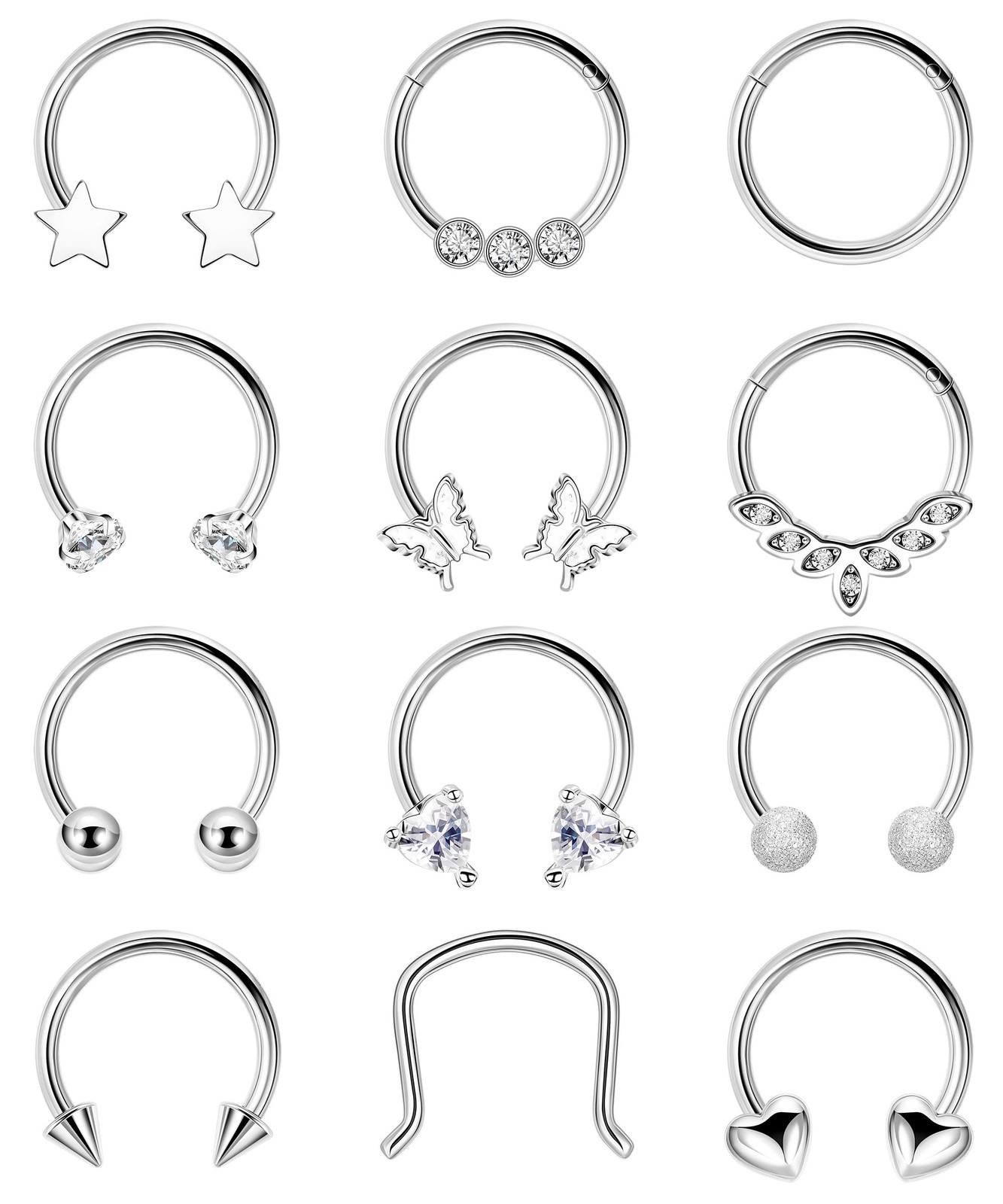 REVOLIA 12Pcs 16G Surgical Steel Septum Rings for Women Men Horseshoe Silver