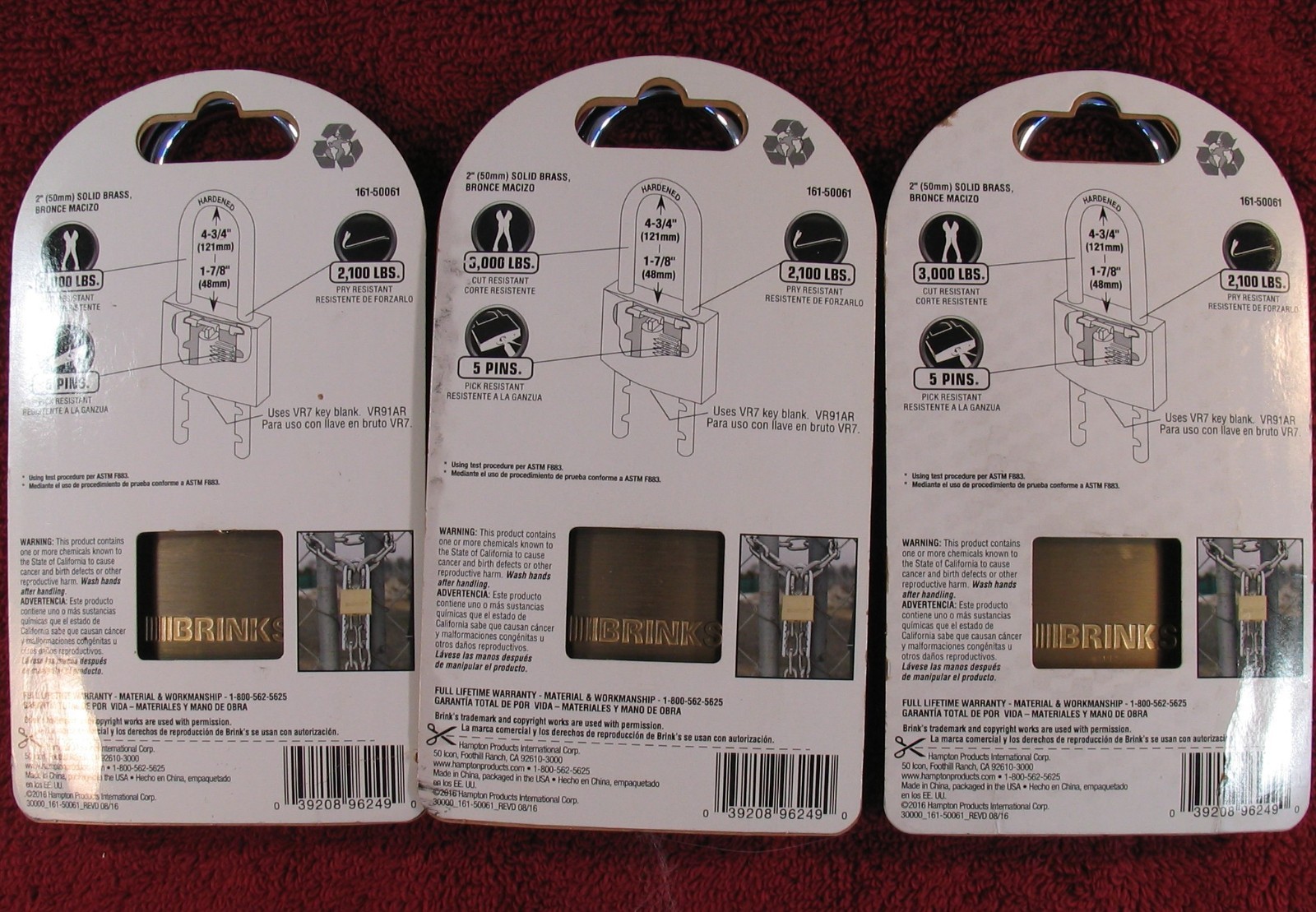 3 New BRINKS 161-50061 Hardened Solid Brass Keyed Padlock Adjustable Shackle