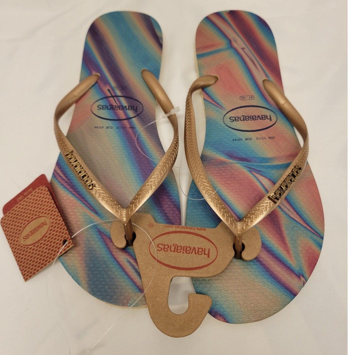 NWT Women's Havianas Flip Flop Sand Gray Slim Iridescent Gold 11