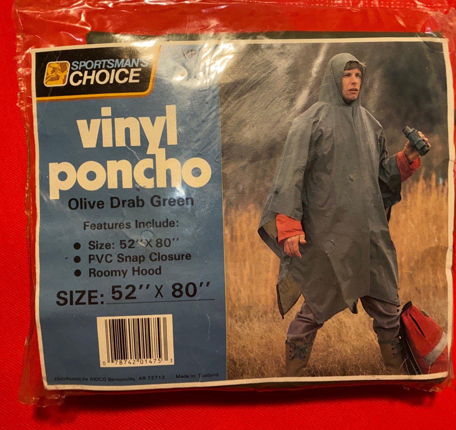 Sportmans Choice Vinyl Poncho Olive Drab Green 52"x80" PVC Snap W/Hood NOS