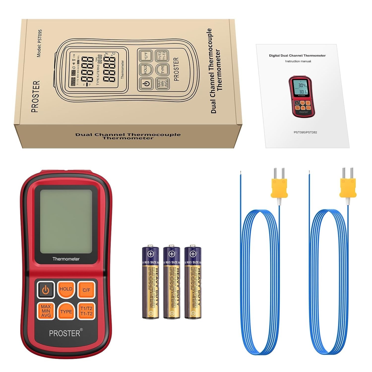 Digital Thermometer with Dual K Type Probes, High Temp Meter, LCD Display