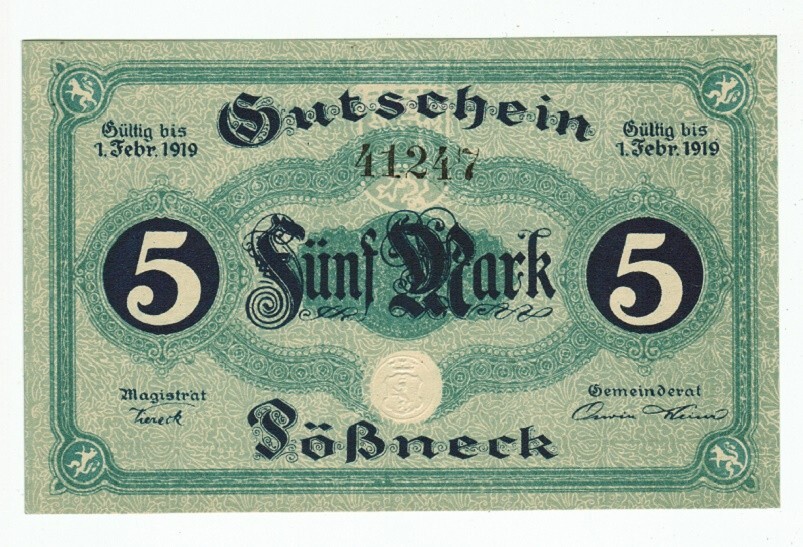 GERMANY BANKNOTE 5 MARK SOSSNECK 1919 UNC