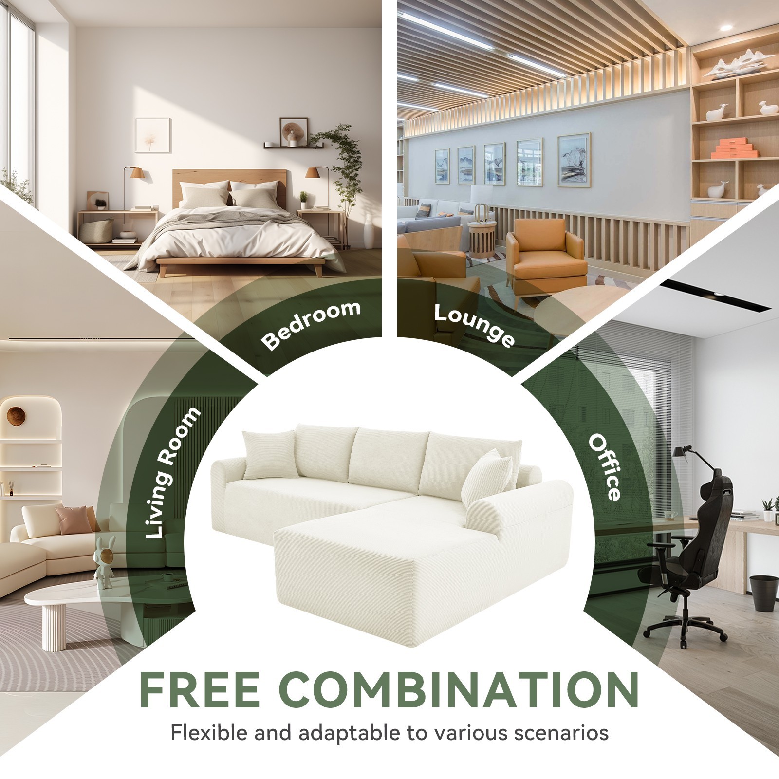 5-in-1 Modular Sectional Sofa with L-Shaped Chaise Comfy Corduroy Boneless Couch