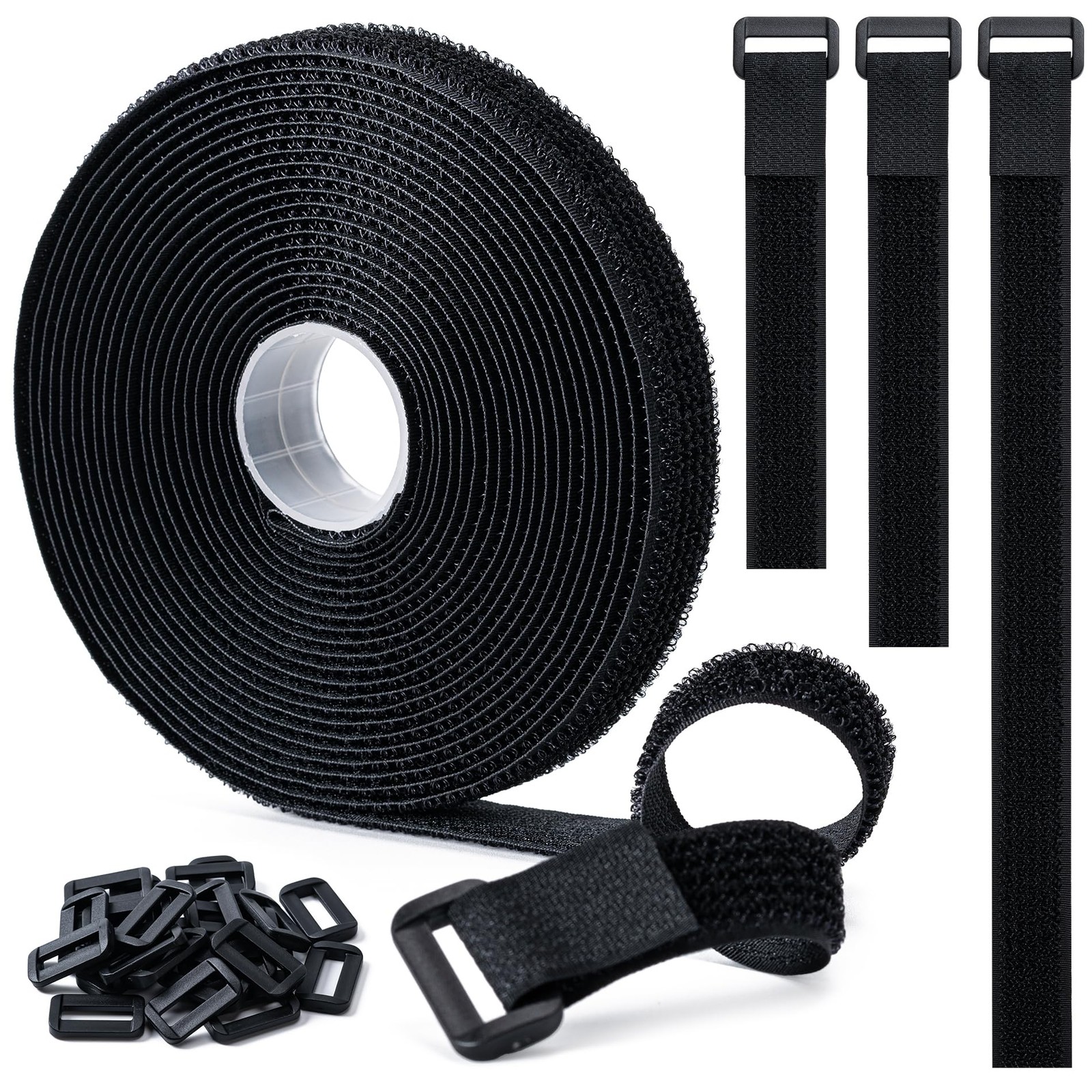 0.8in x 16ft Hook  Loop Straps, 25 Plastic Buckles - Reusable Cable Ties Black