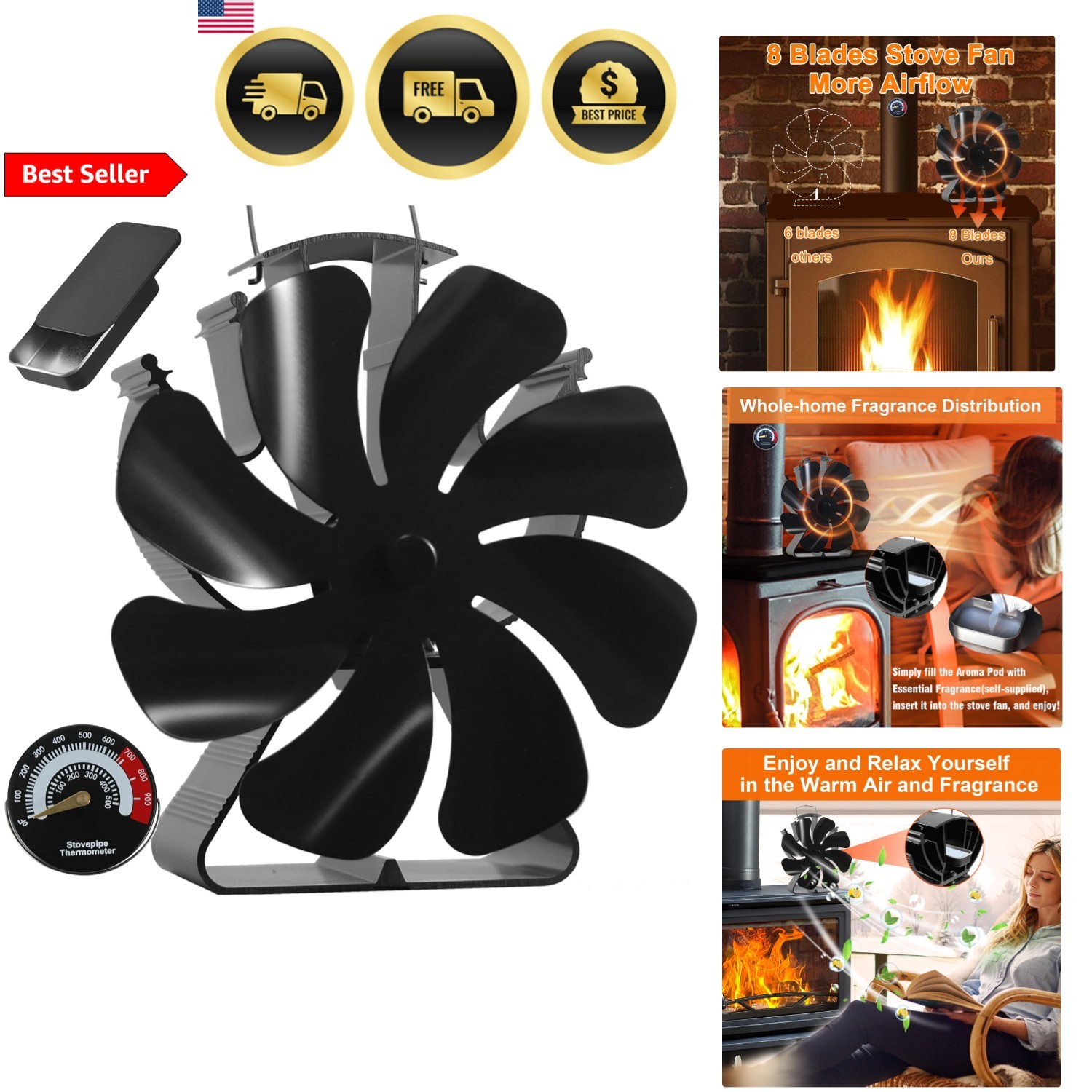 Wood Stove Fan Heat Powered Fireplace Fan Thermo Fan Non Electric with Thermo...