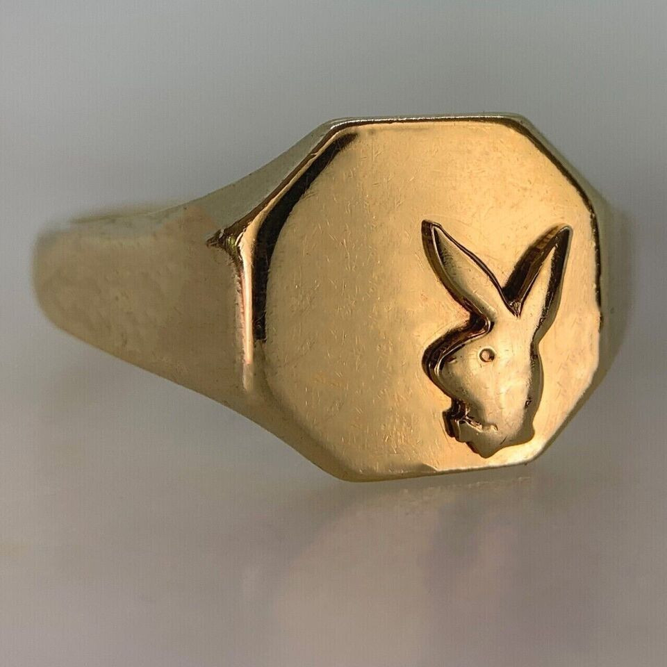 Men's Playboy Bunny Signet Ring 14K Yellow Gold Plated Sterling Silver