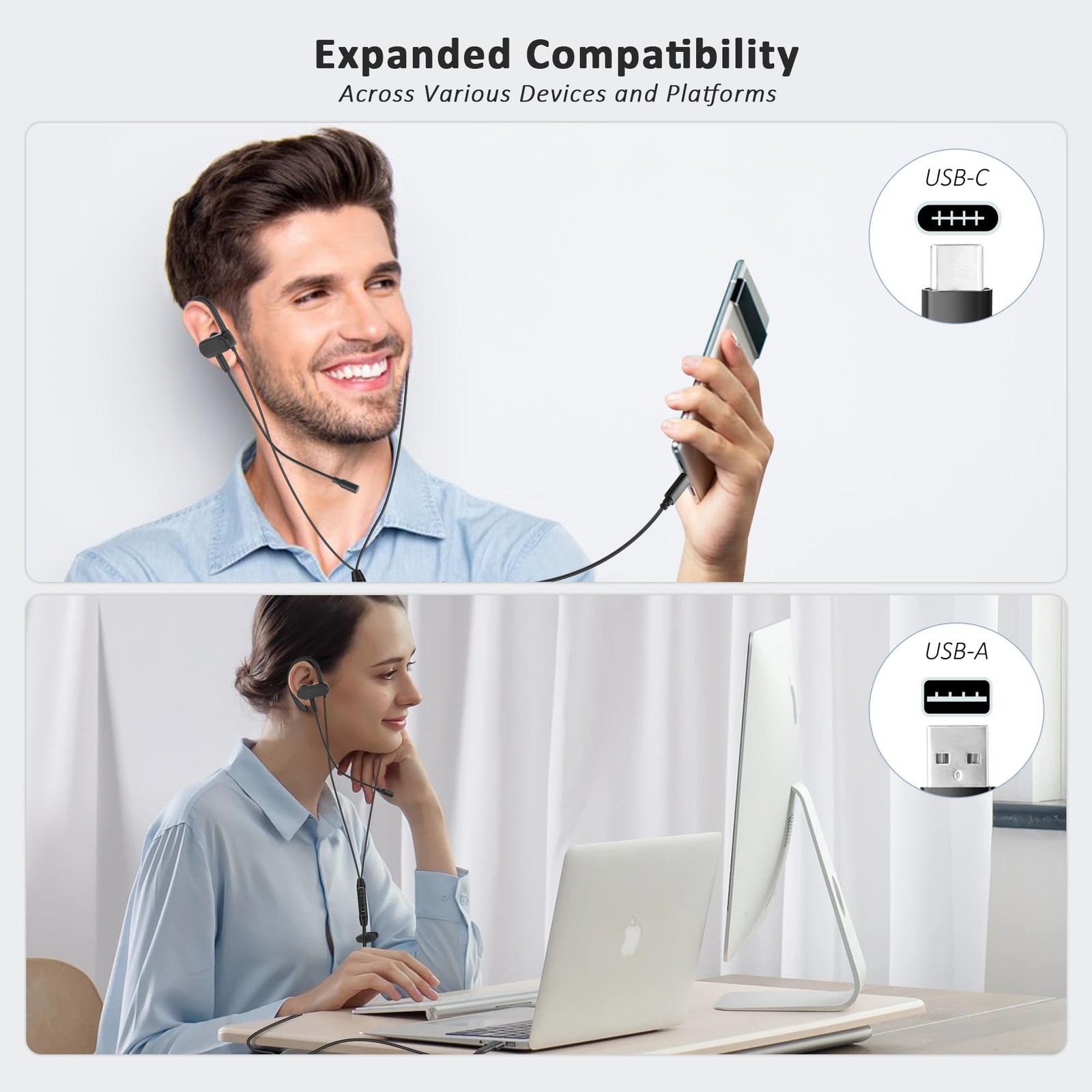 USB C & A Wired Earbuds with Boom Mic for & PC, Ideal for & Work