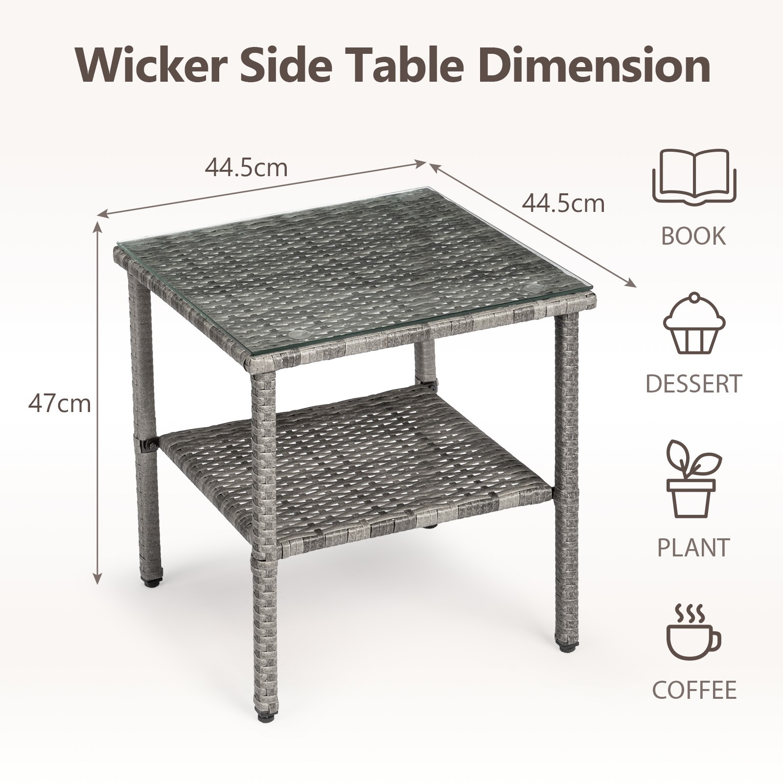 Brand New Square Double-layer Glass Tabletop Gray Gradient Rattan Edge Table-