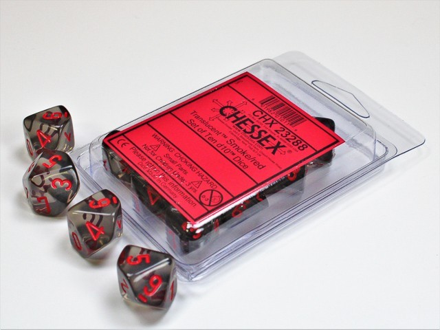 Chessex Dice - Translucent Smoke with Red D10 Dice Set of 10 CHX 23288