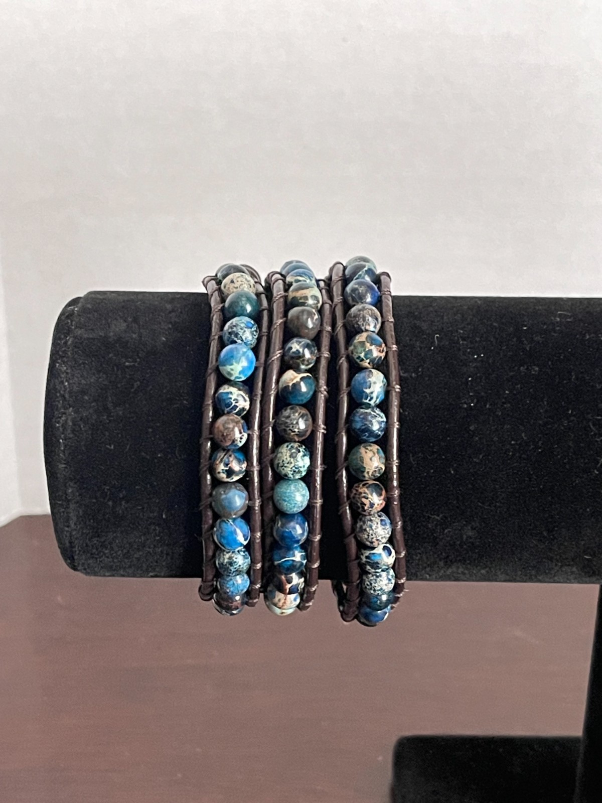 Blue Jasper Bracelet or Necklace Gemstone Three Band Leather Wrap Stones