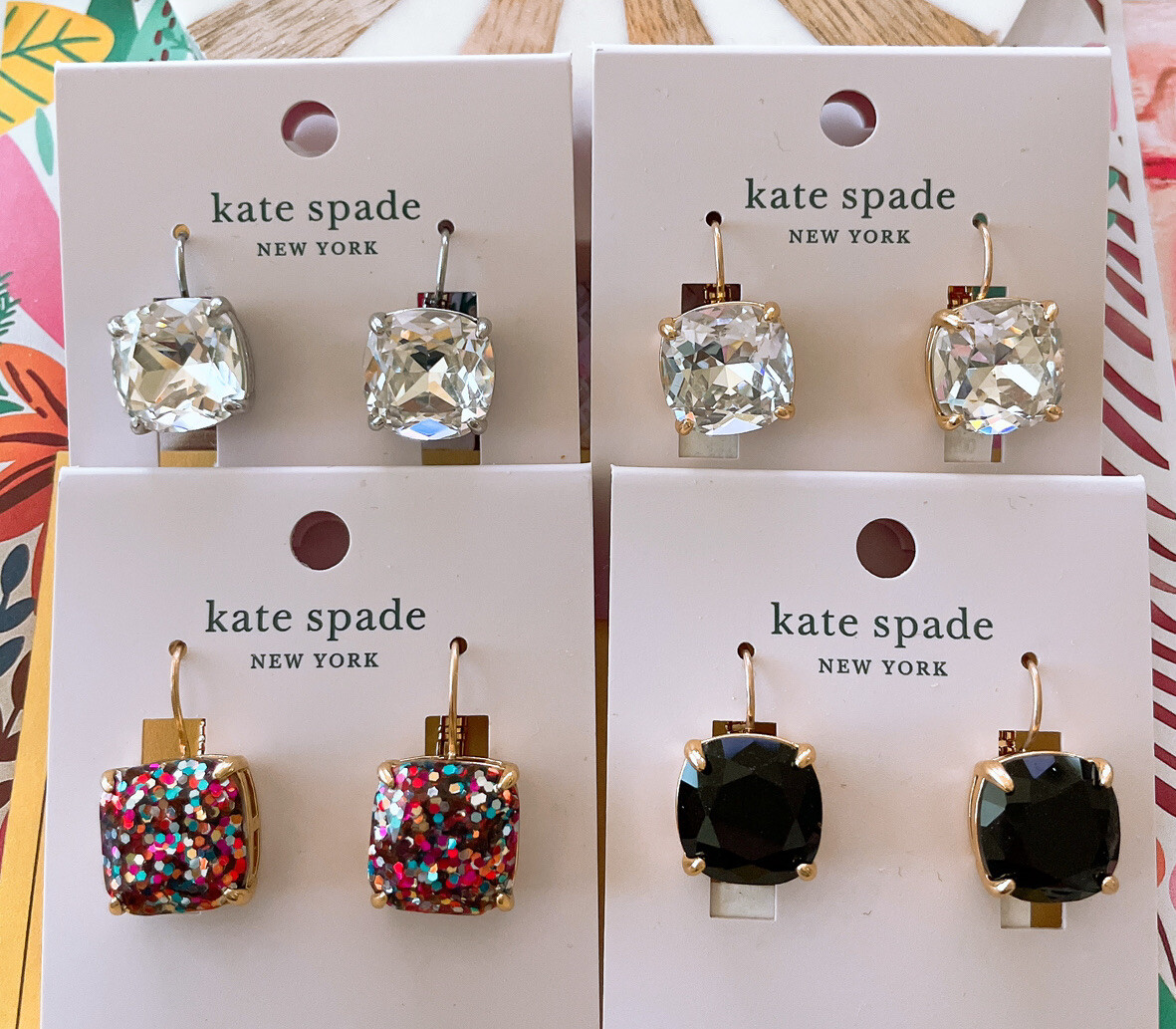 Kate Spade Square Drop Leverback Earrings, Choose : Clear,  Glitter-multi, Black