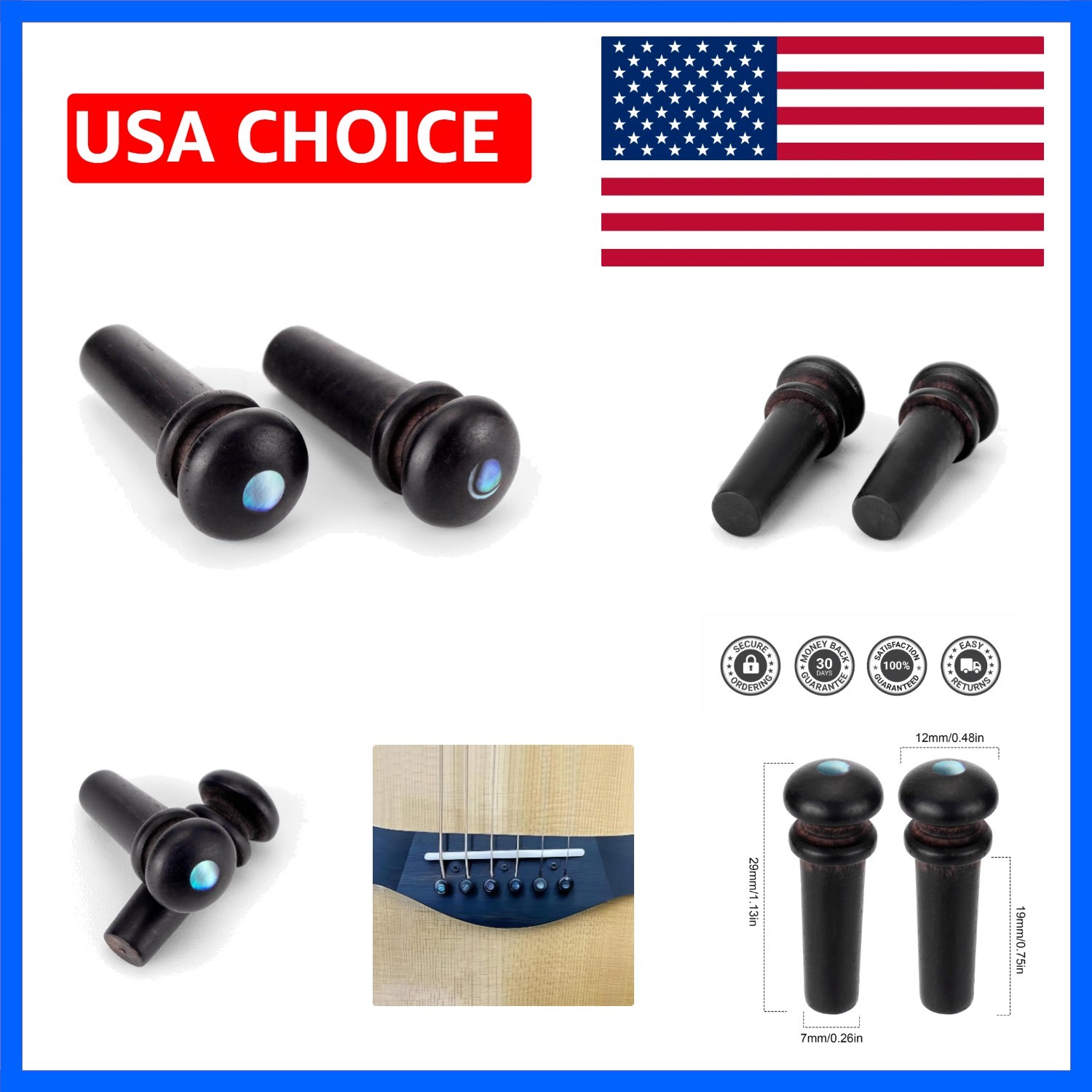 2PCS Ebony End Pins Black, Endpins for Acoustic Guitar Bridge Pins Pegs Guita...
