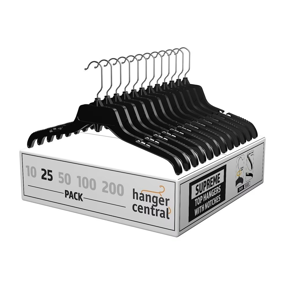 25 Pack 17 Inch Plastic Clothing Hangers with Metal Swivel Hooks, Black