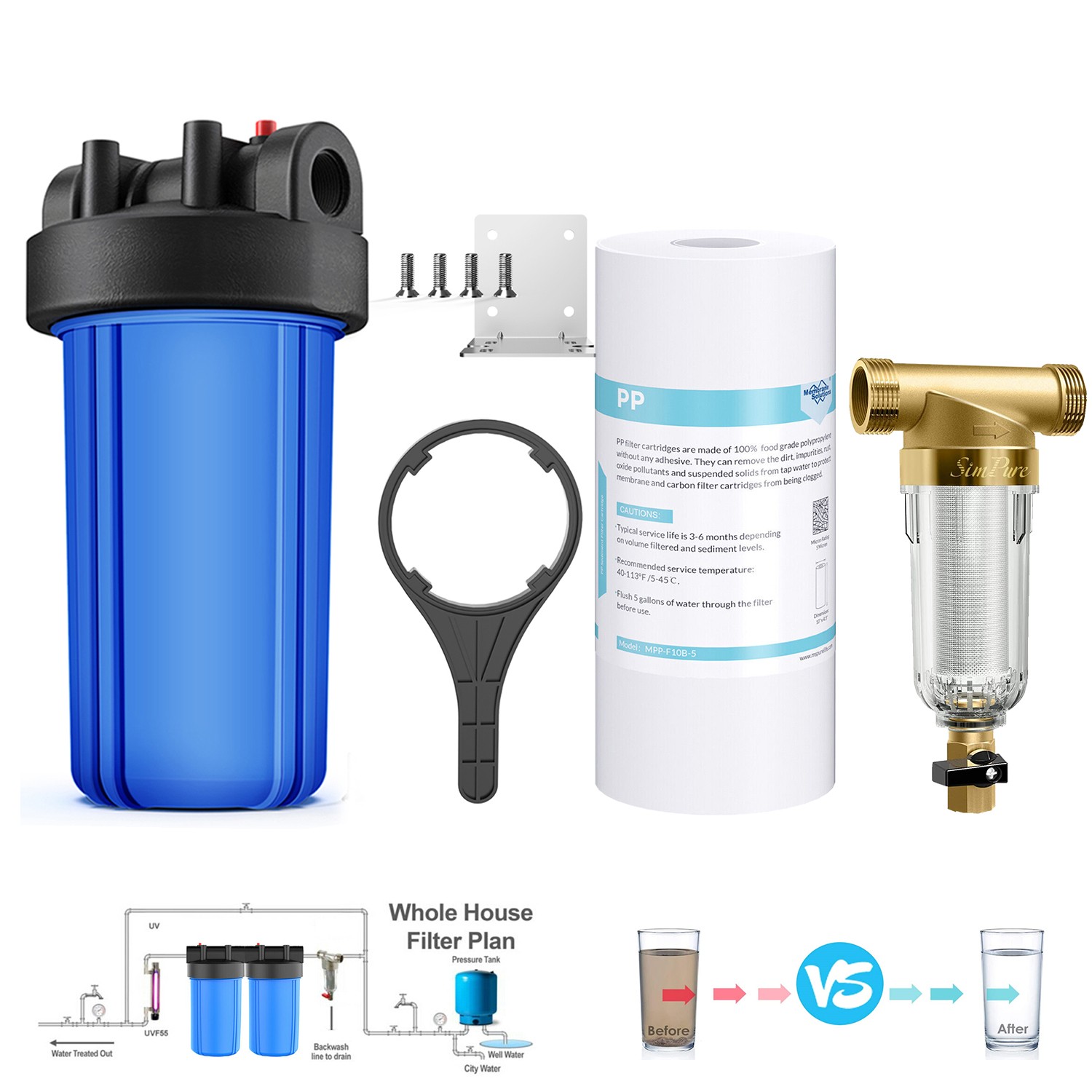 10" x4.5" Big Blue Whole House Water Housing Filter System PP Sediment Cartridge
