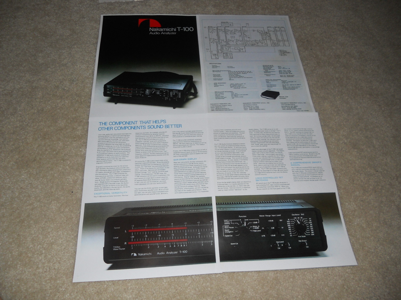 Nakamichi T-100 Audio Analyzer BROCHURE, 4 pages, Specs, Articles, VERY RARE!