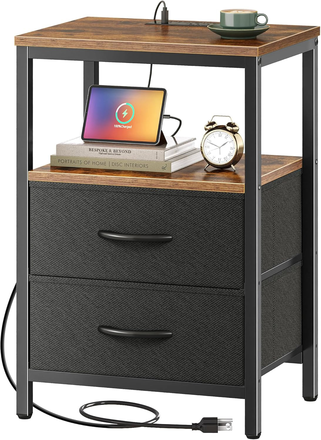 Nightstand w/ USB Ports and Outlets Charging Station, Fabric Drawers, Open Shelf