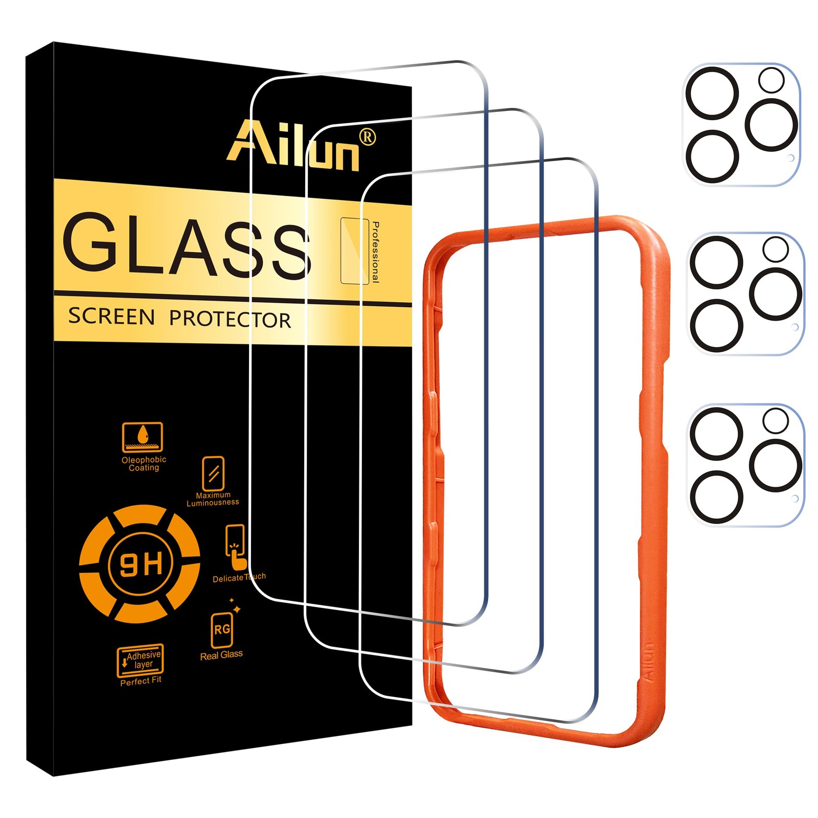 iPhone 16 Pro Max 3-Pack Screen + Camera Lens Protector, Installation Frame