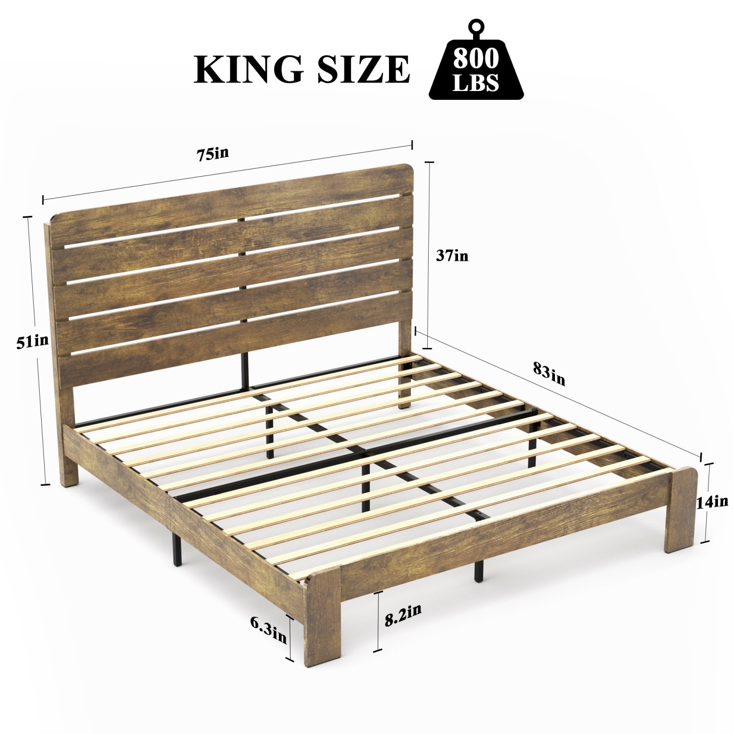 King Size Wood Platform Bed Frame w/ Headboard No Box Spring Needed Dark Brown