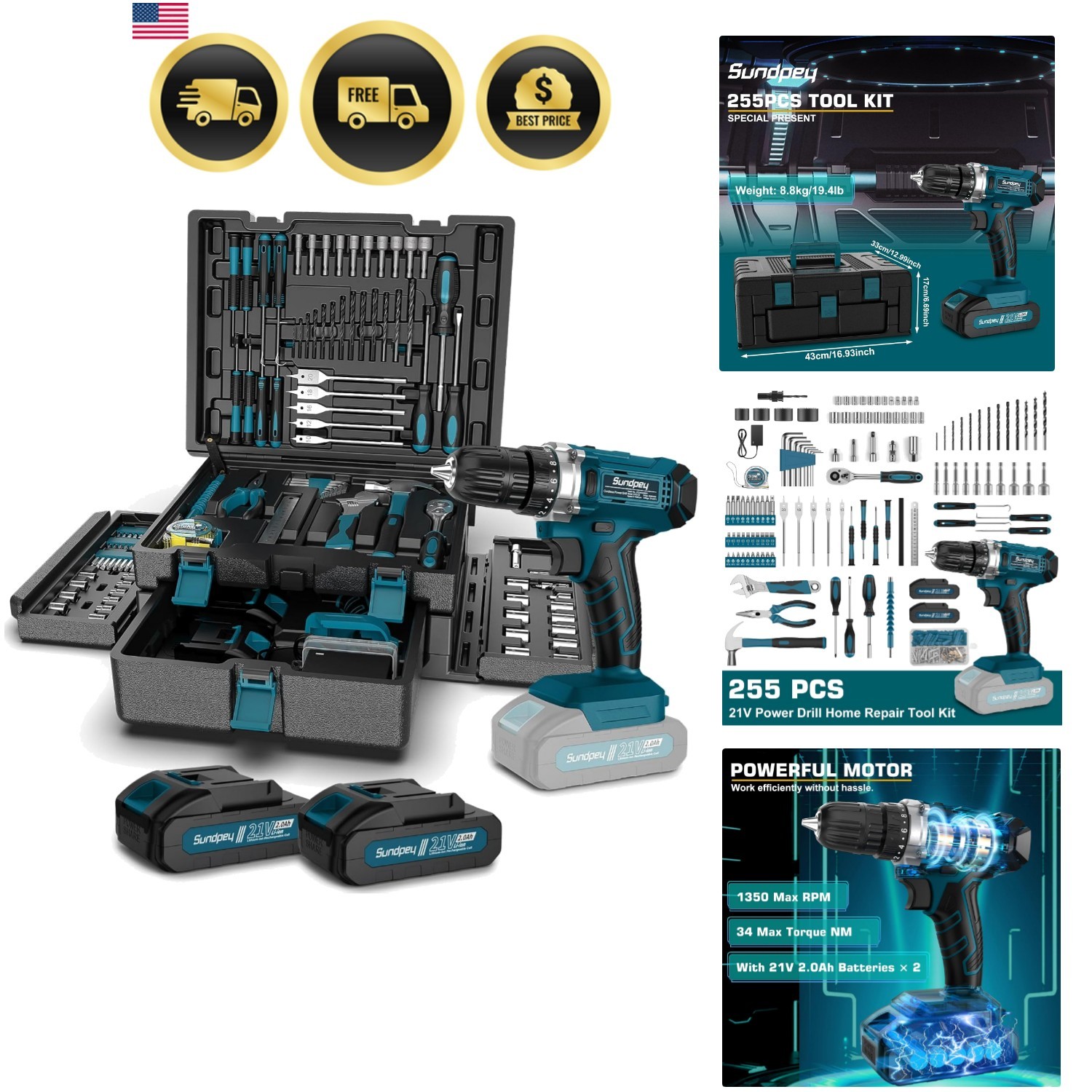 Tool Kit with 21V Cordless Drill - 255-PCs Portable Complete General Basic Ho...