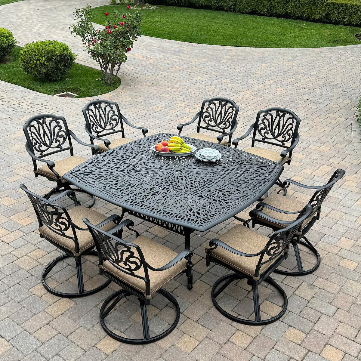 Elisabeth 9 Pc Cast Aluminum Dining Set 64 Inch Table & Swivel Rockers in