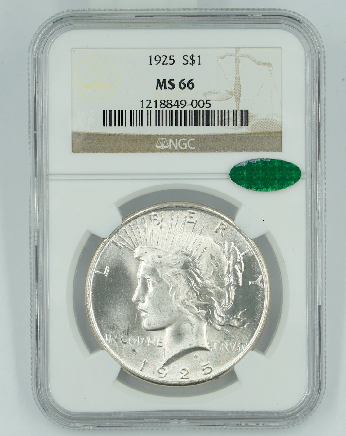 1925 NGC & CAC MS66 Peace Dollar Blast White PQ+
