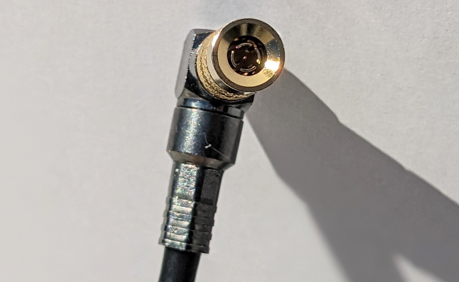 Right Angle Gold Mini DIN 1.0/2.3 to HD SDI BNC female on Belden 1855A, 2 feet
