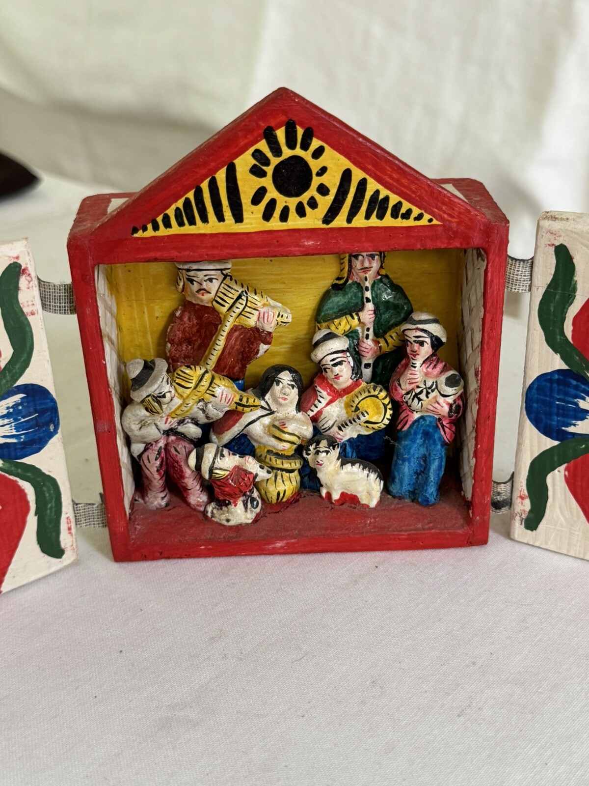 Vintage Peruvian Handpainted Folk And Wooden Retablo Shadow Box.