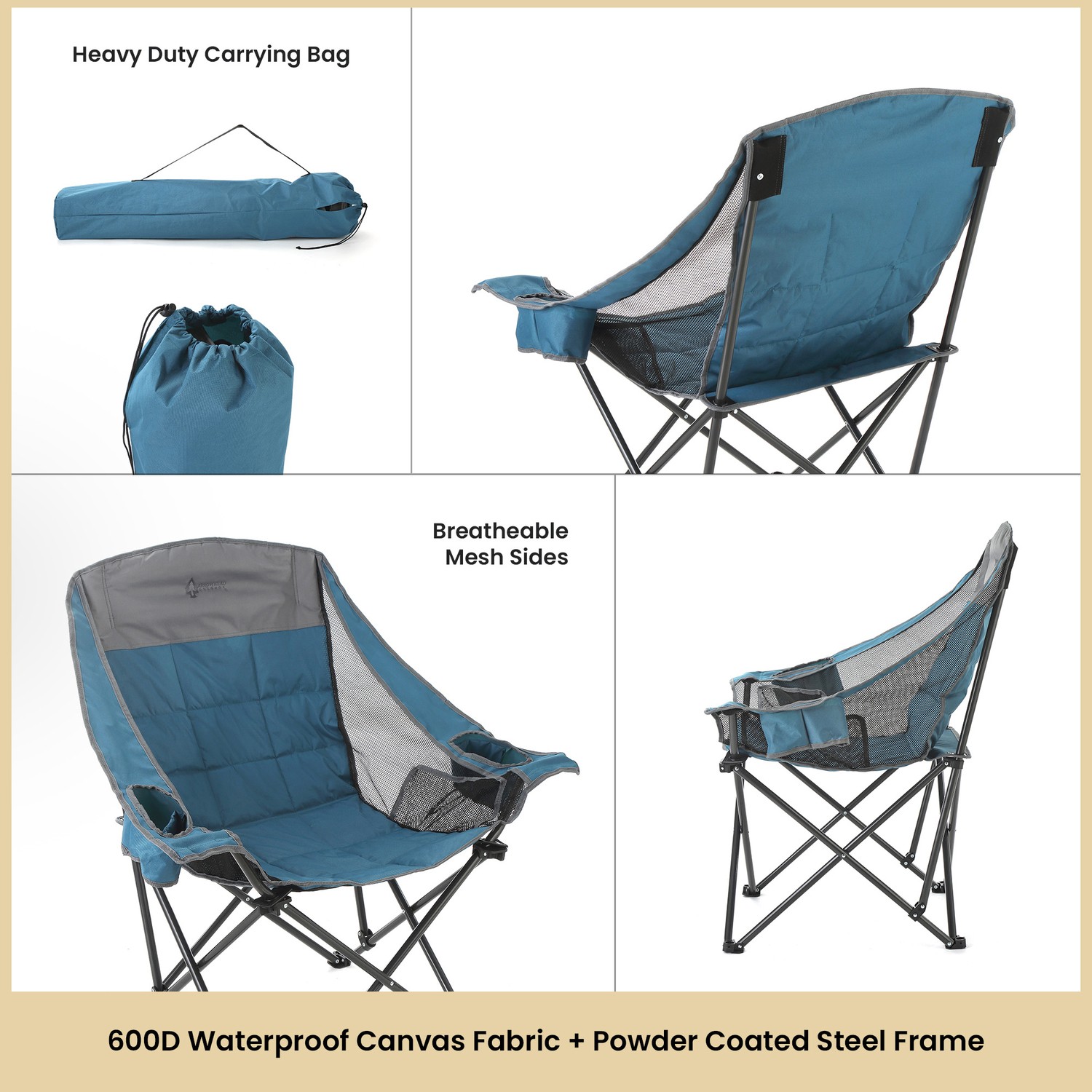 Portable Oversized Folding Camp Chair 2 Cup Holders Side Mesh Pockets Carry Bag