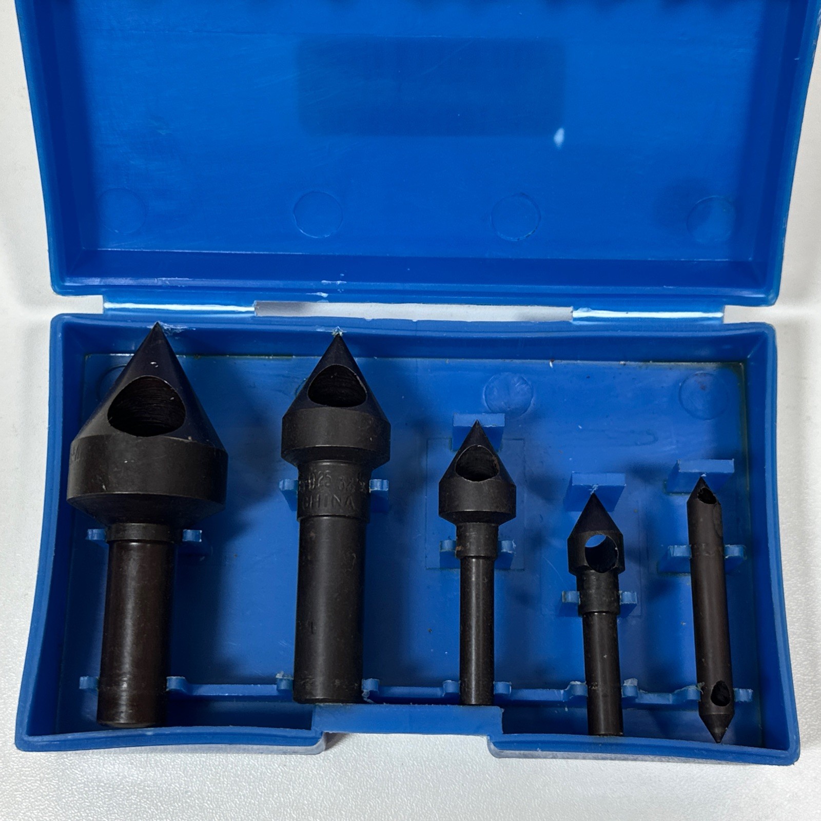 5pc Vtg 60 Deg Countersink Deburring Bit Set 1/16-9/16 Fluteless Crosshole Case