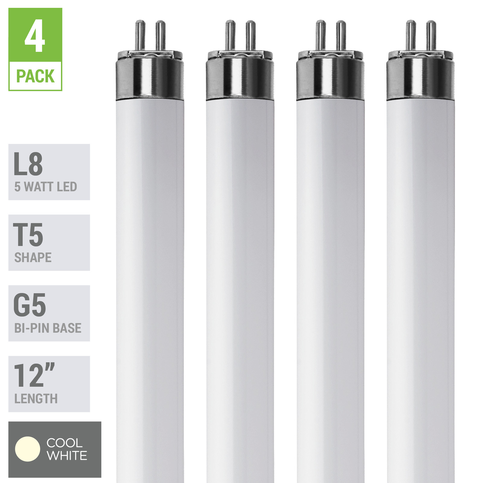 4 Pack LED Tube L8 F8T5/41K 12" INCH 5W =8W G5 Mini 2-Pin Base 4100K Cool White