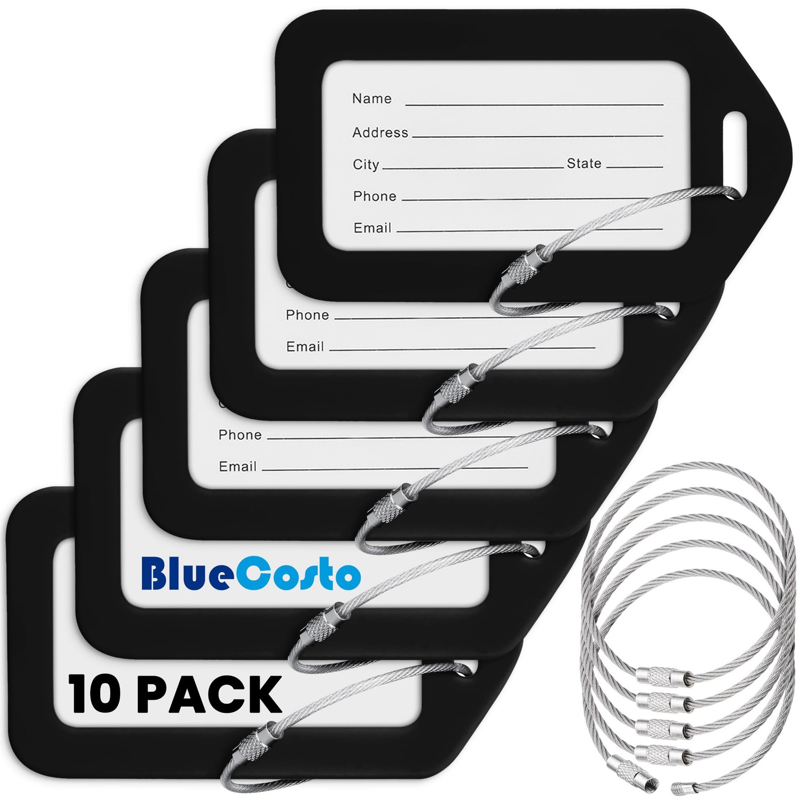 BlueCosto - Luggage Tags - Black, 10 Pack - Suitcase with Name 10, Black