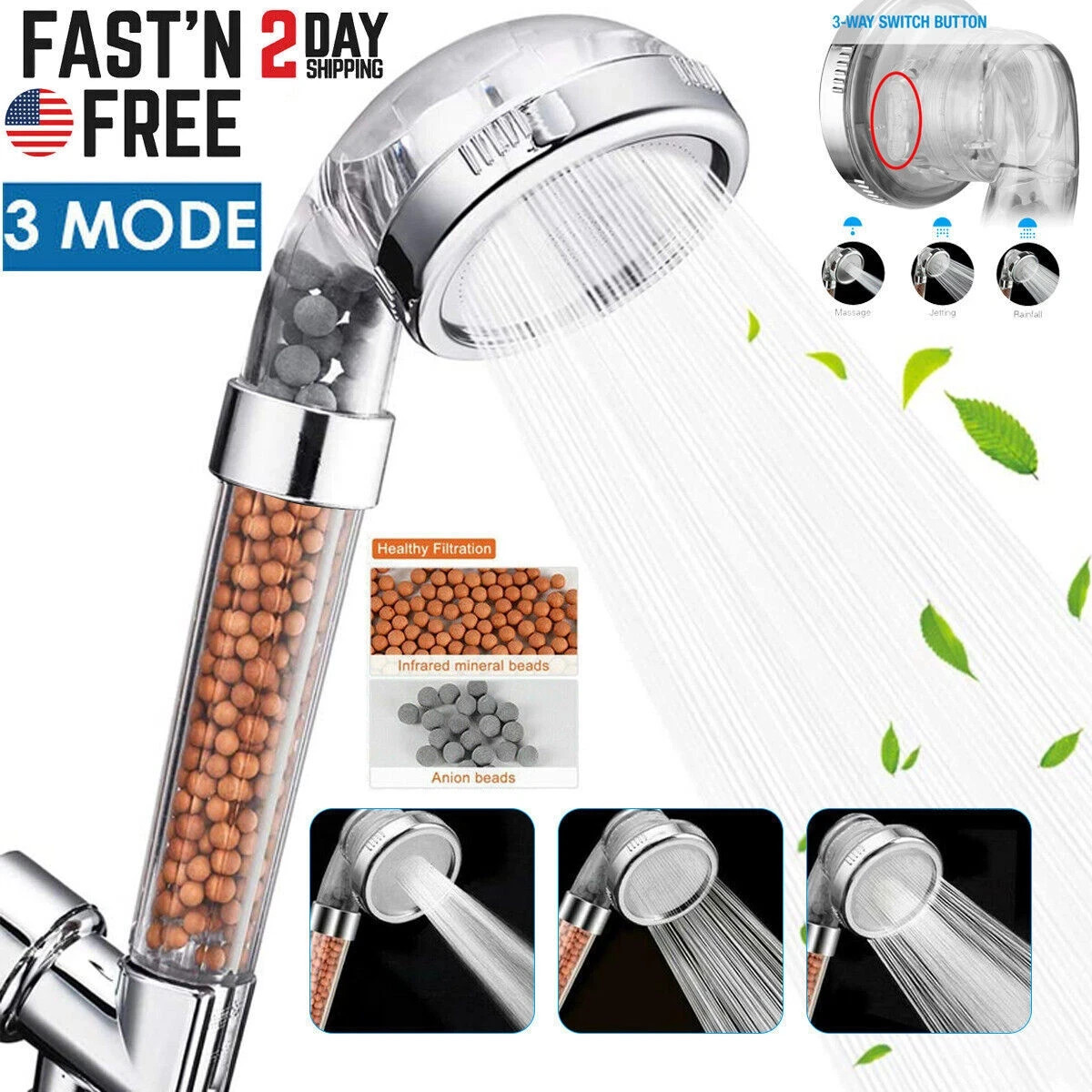 High Pressure Shower Head 3 Settings Handheld Shower Heads Spray + 5 10 Ft Hose