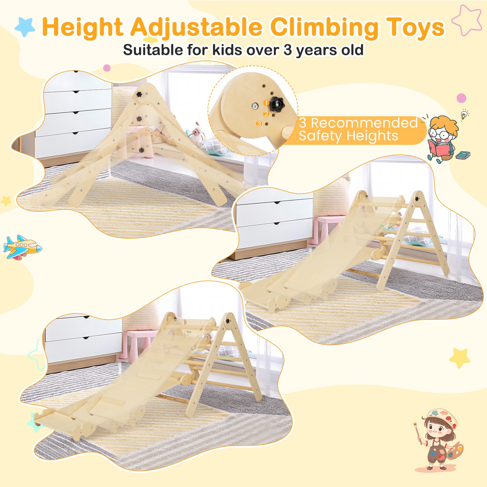 3-in-1 Triangular Climbing Toys Foldable & Height-adjustable Triangle Set