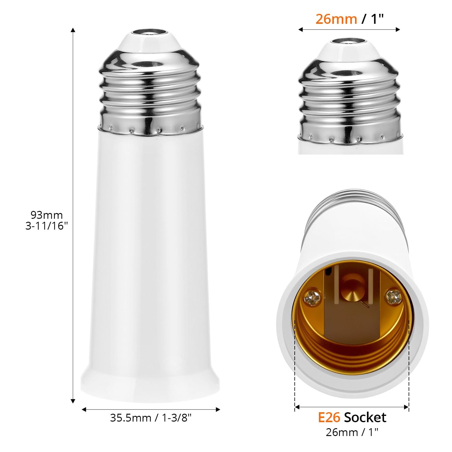 QWORK E26 Light Socket Extender 2.56 Inch Extension, 2 PackMedium Screw Base...