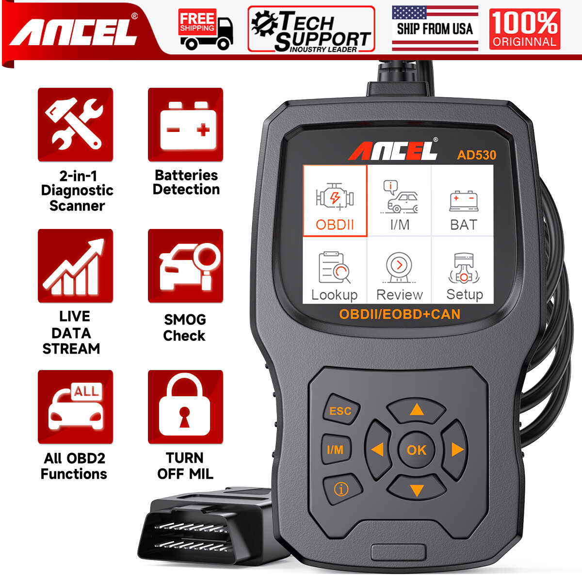 ANCEL AD530 OBD2 Scanner Diagnostic Car Engine Fault Battery Test Code Reader