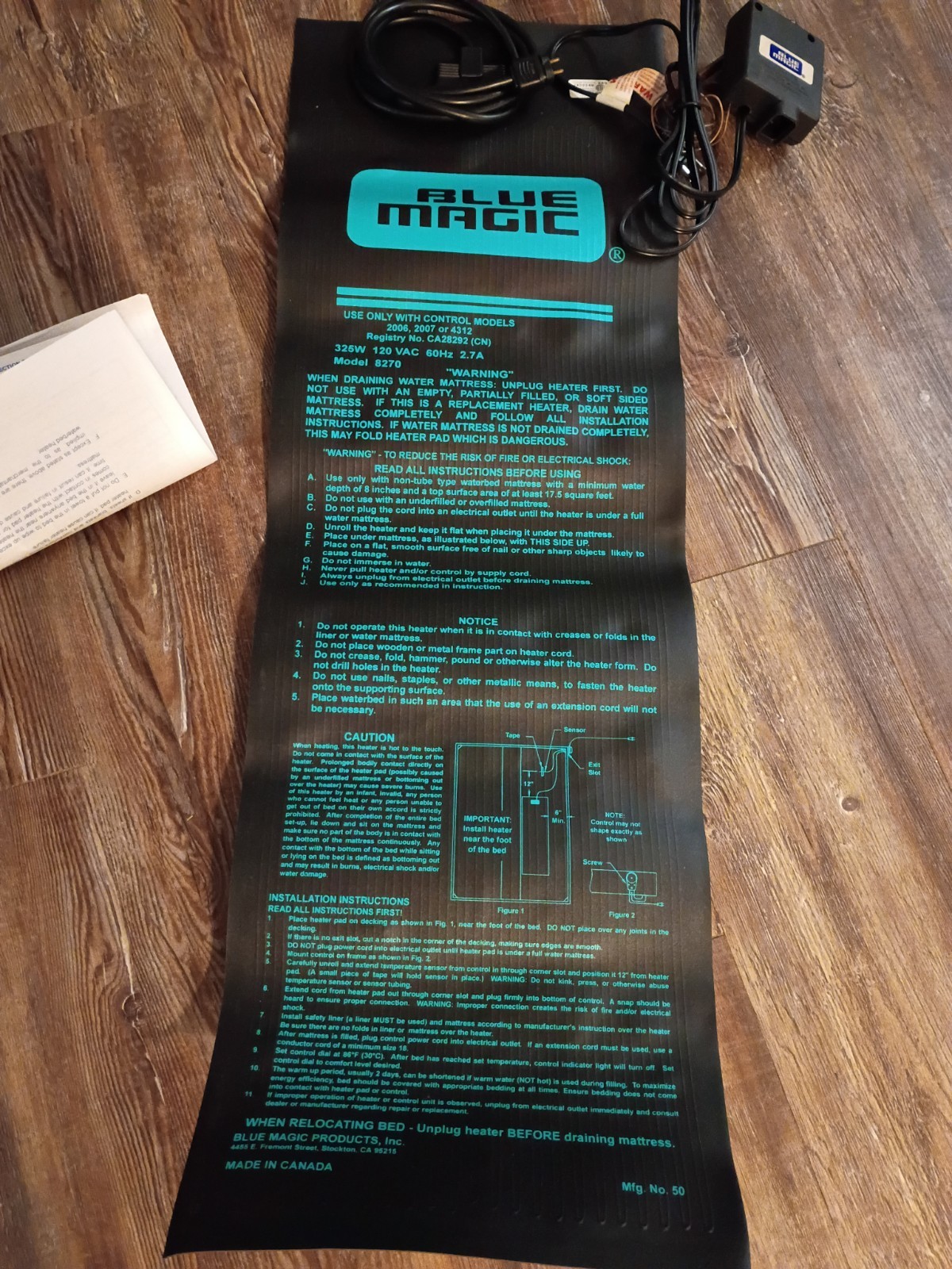 Blue Magic Waterbed Heater Pad Model 8270 w/ Power Cord & Instructions