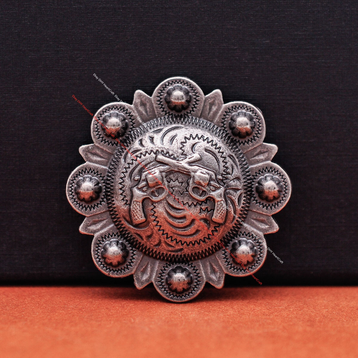 6PC Heavy Old Silver Gun Cross Flower Western Berry Breast Leathercraft Conchos