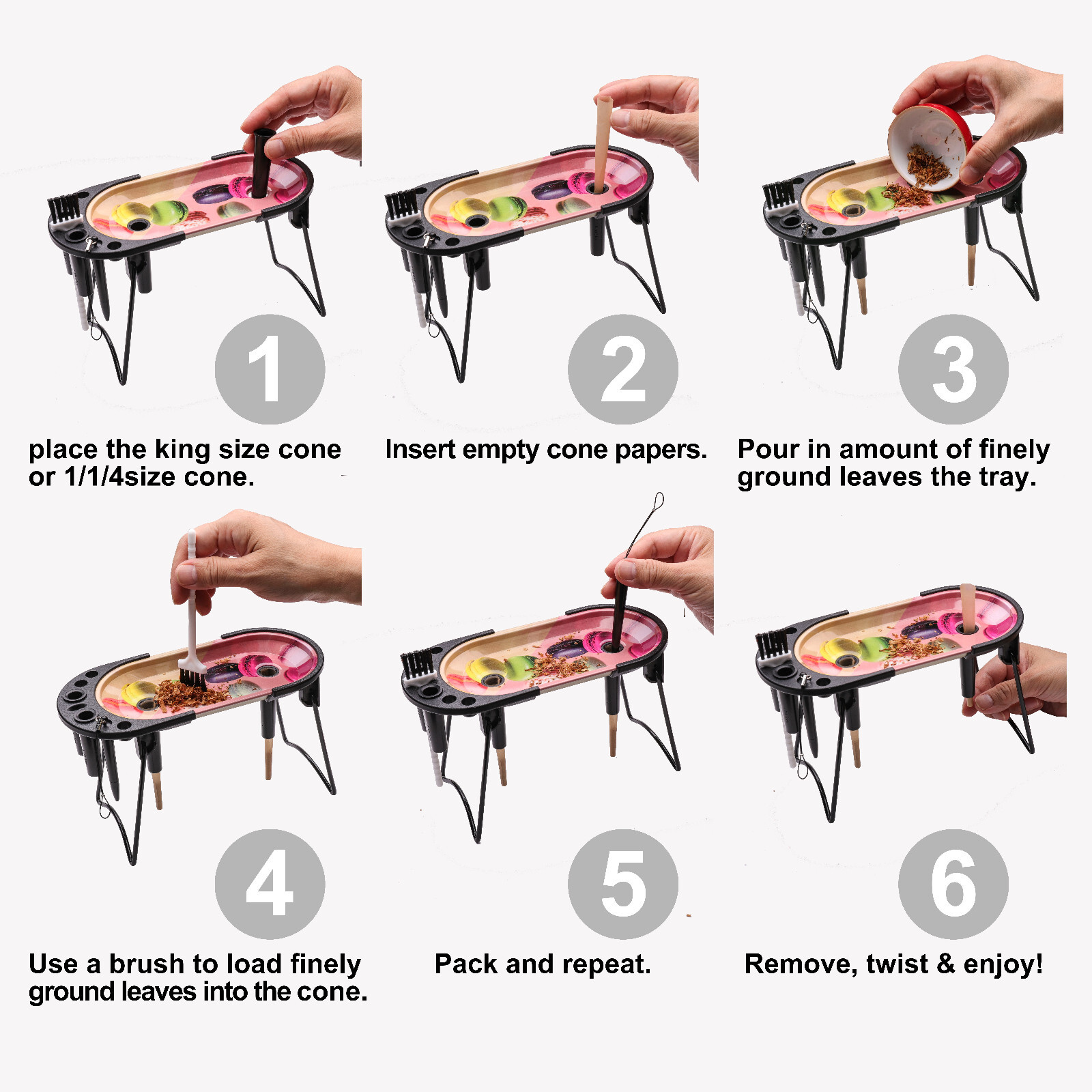 Macaroo Cone Filler Pre Roll Machine Metal Rolling Tray Foldable Stand Brush