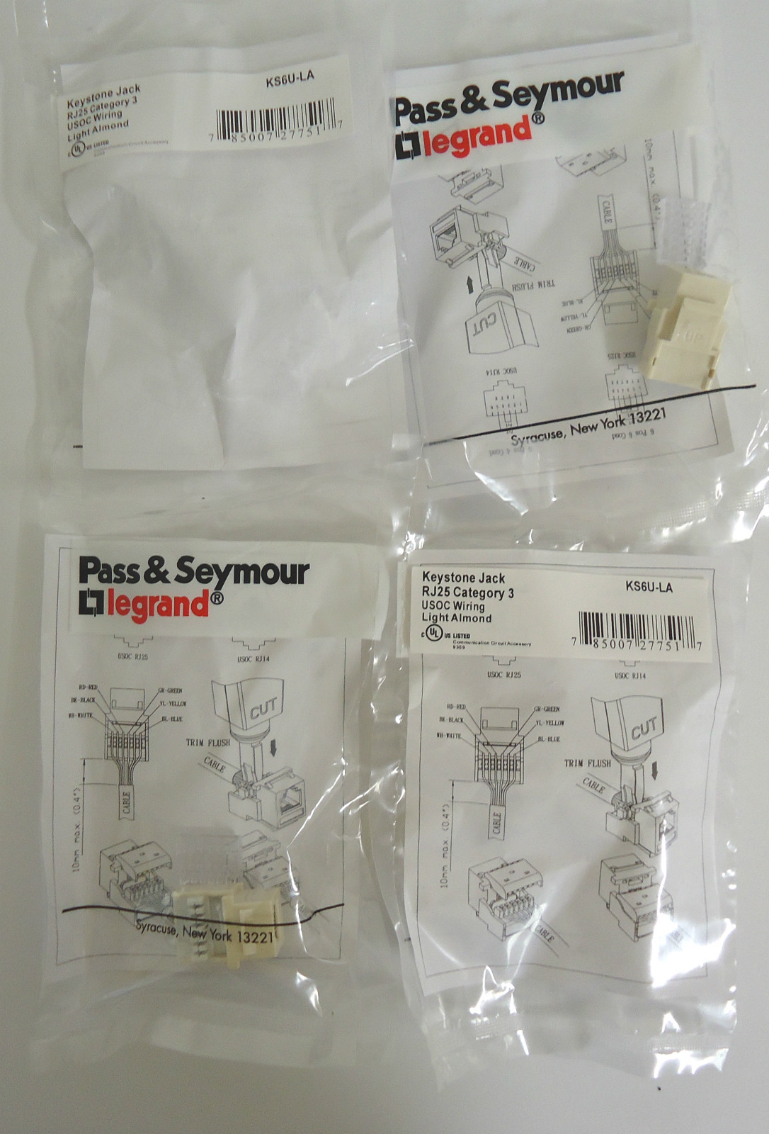 Pass & Seymour KS6U-LA Keystone Jacks RJ25 Category 3 USOC Wiring (Lot of 4)