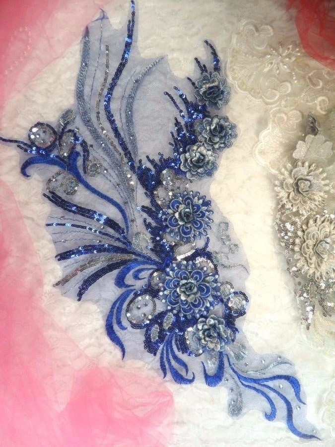 Embroidered 3D Applique Blue Silver Floral Sequin Patch 20" (DH71)