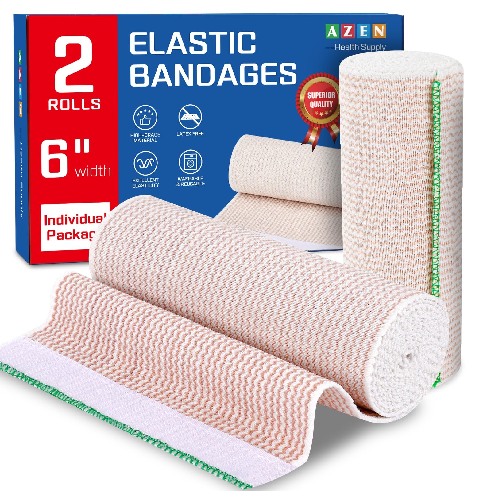 AZEN Premium 2 Pack Elastic Bandage Wrap 6 Inch, 6 A-2p(6in)