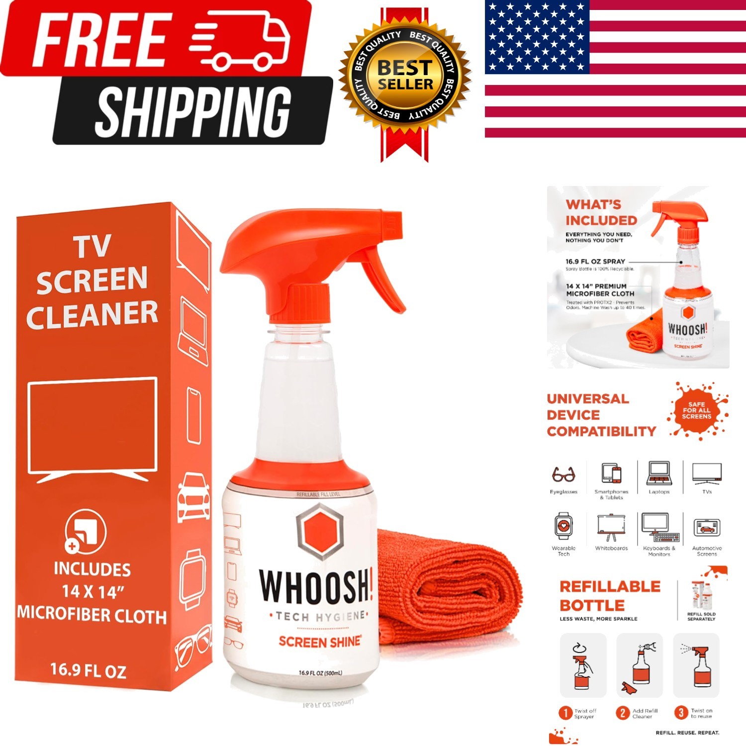 Pro 16.9 fl oz Refillable TV Screen Cleaner & Microfiber Cloth - Streak-Free ...