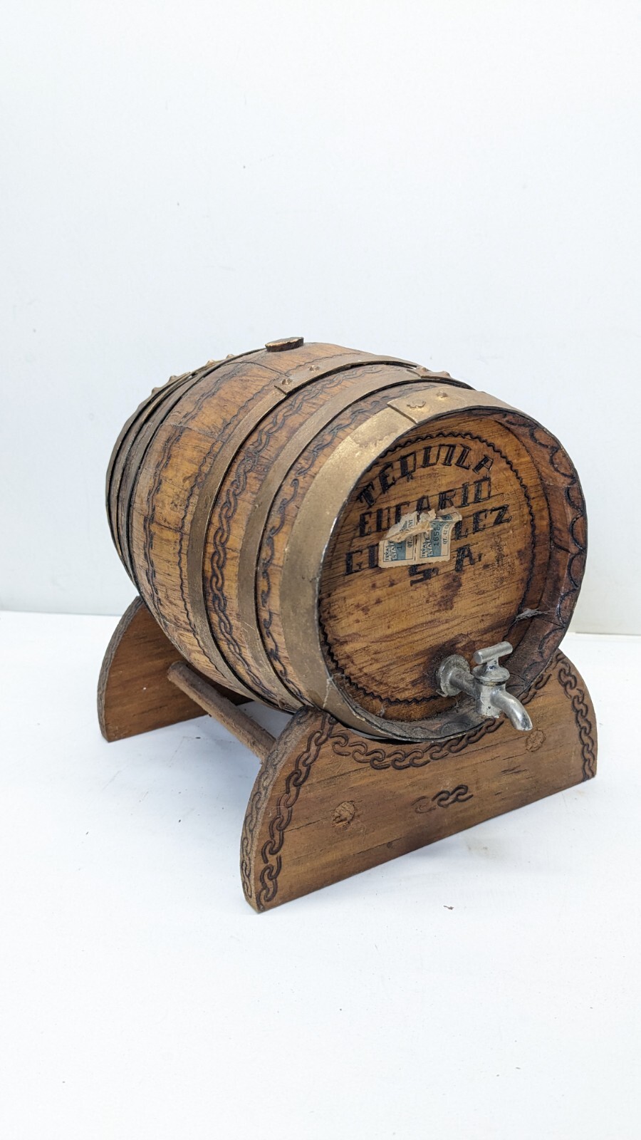 Vintage Tequila Table Top Wood Barrel and Stand tequila eucario gonzalez
