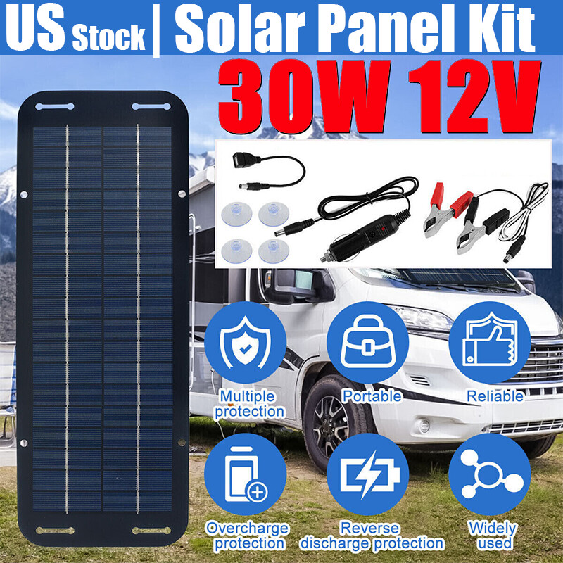 30W Solar Panel Kit 12V Trickle Charger Battery Charger Maintainer Boat RV Car