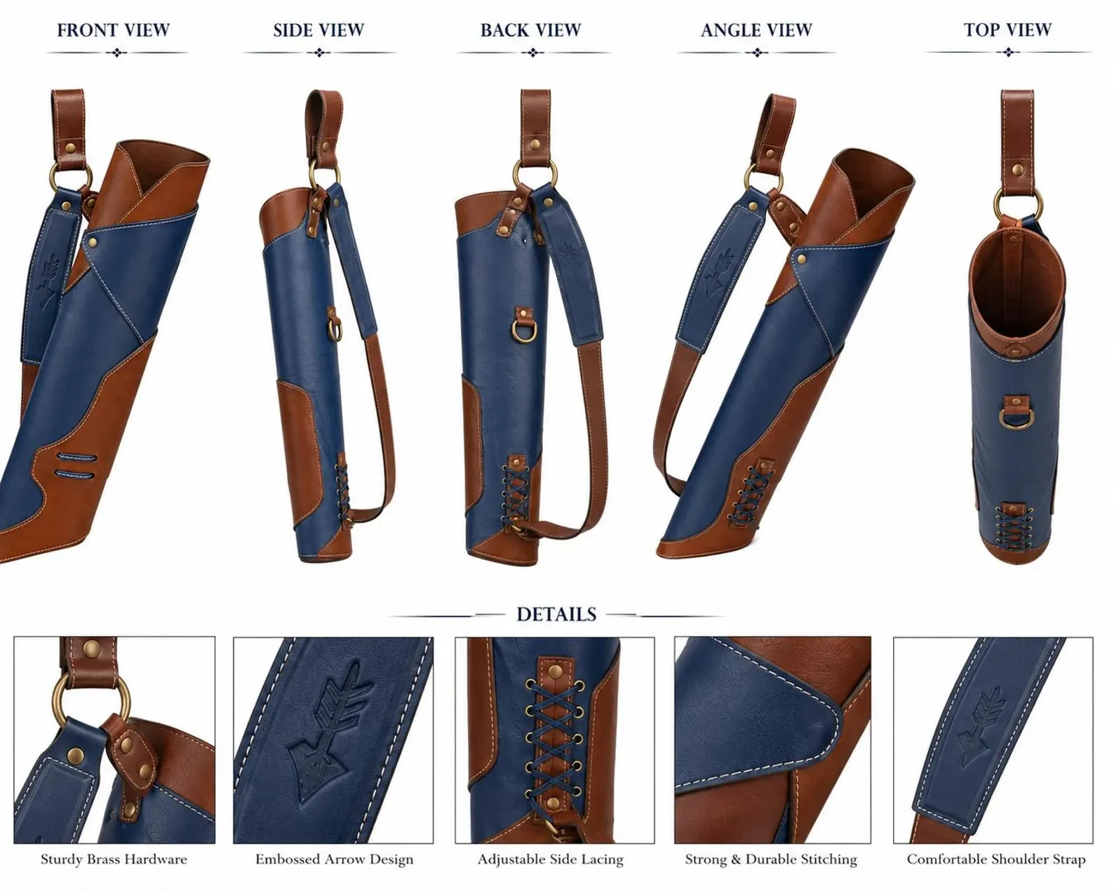 Blue and brown leather archery quiver - Handmade hunting arrow holder