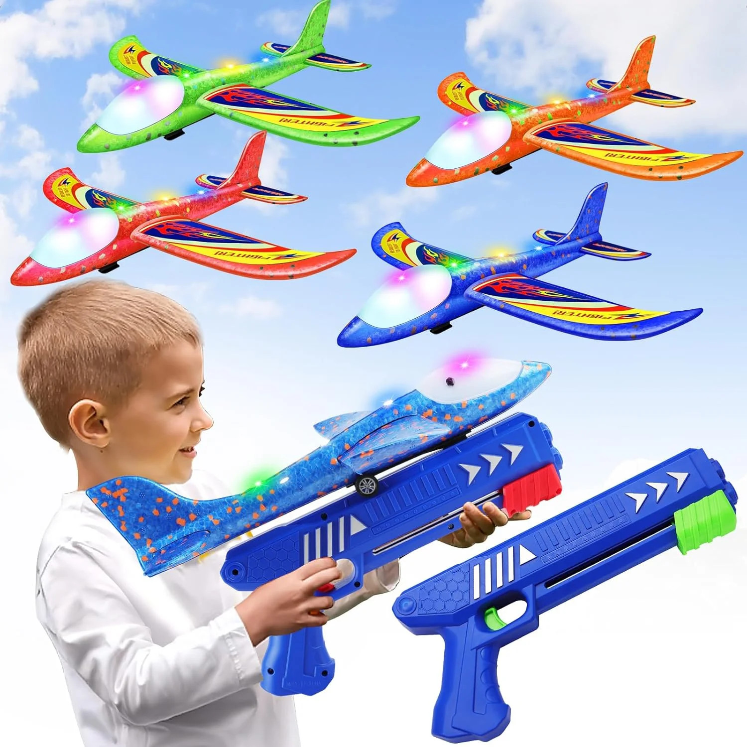 Wesfuner 4 Pack Airplane Launcher Toys, 2 Flight Modes LED Foam Glider Catapult
